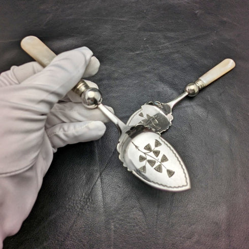 British Antique White Pearl Shell Handle Silver Plated Jam Spoon Pair